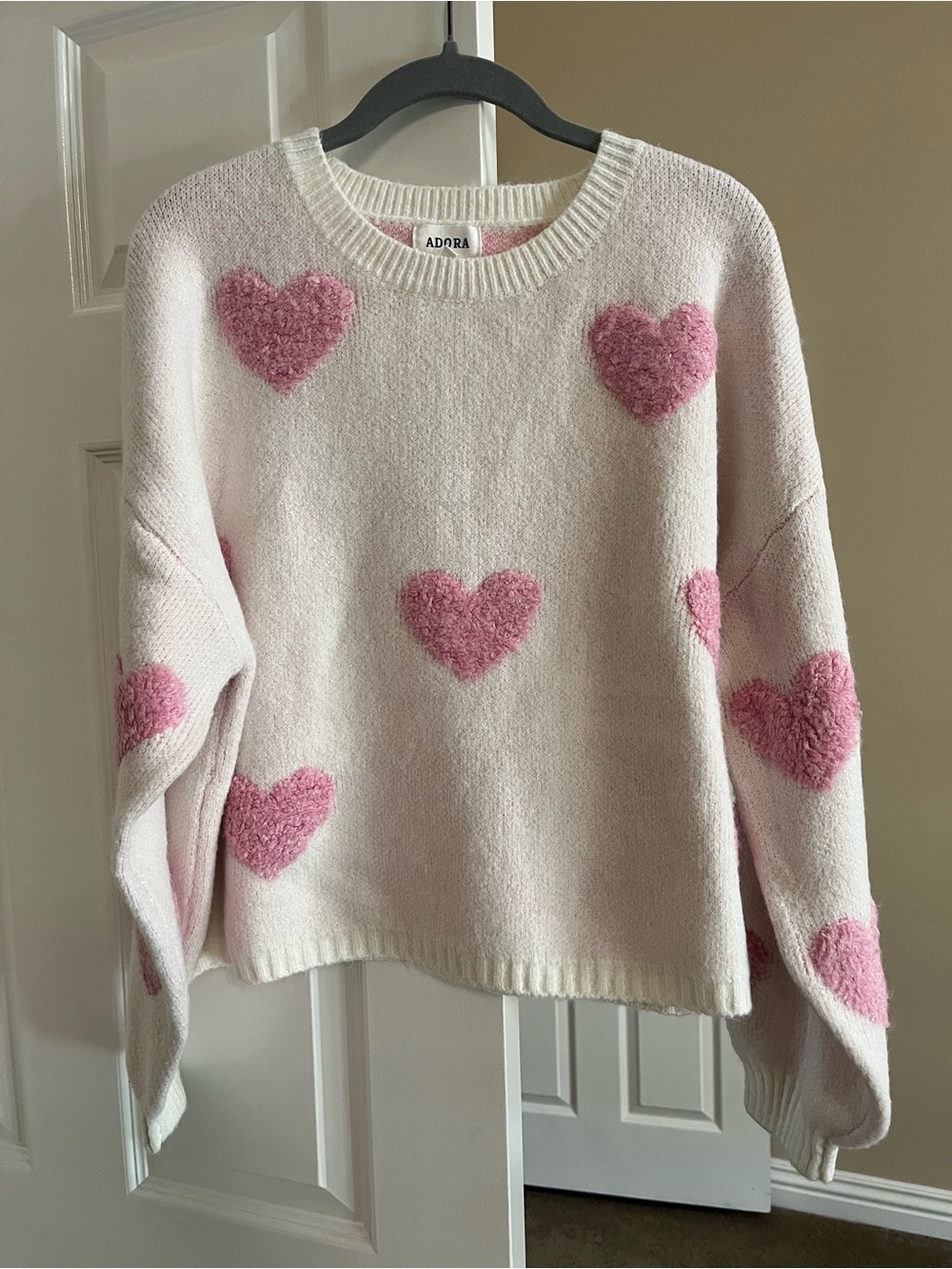 ADORA Cream Crewneck Sweater with Pink Heart Accents